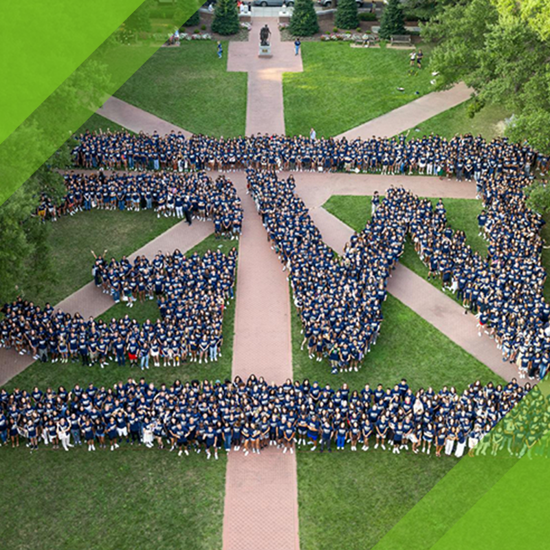 GW students gather on lawn to create the gw monogram from in an aerial shot