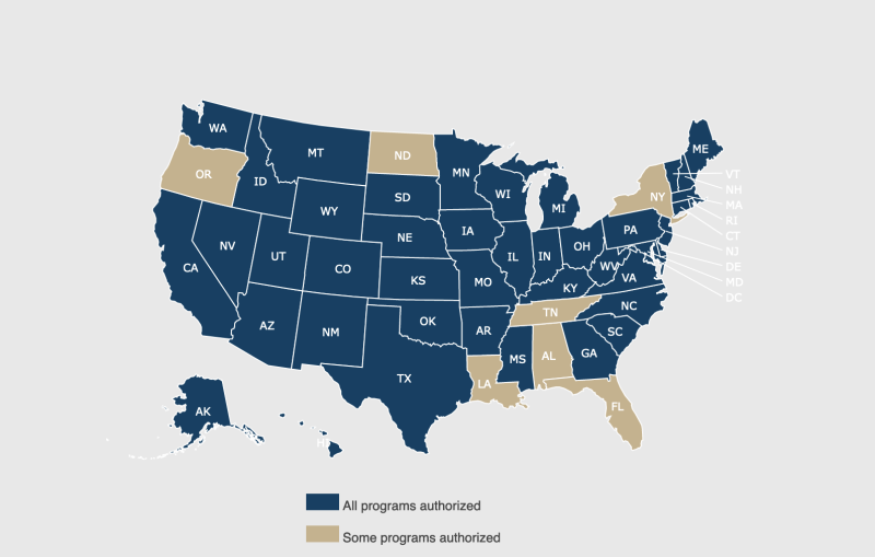 a color coded map of the US showing that if you reside in Alabama, Florida, Louisiana, New York, North Dakota, Oregon, or Tennessee, not all programs may be available to you