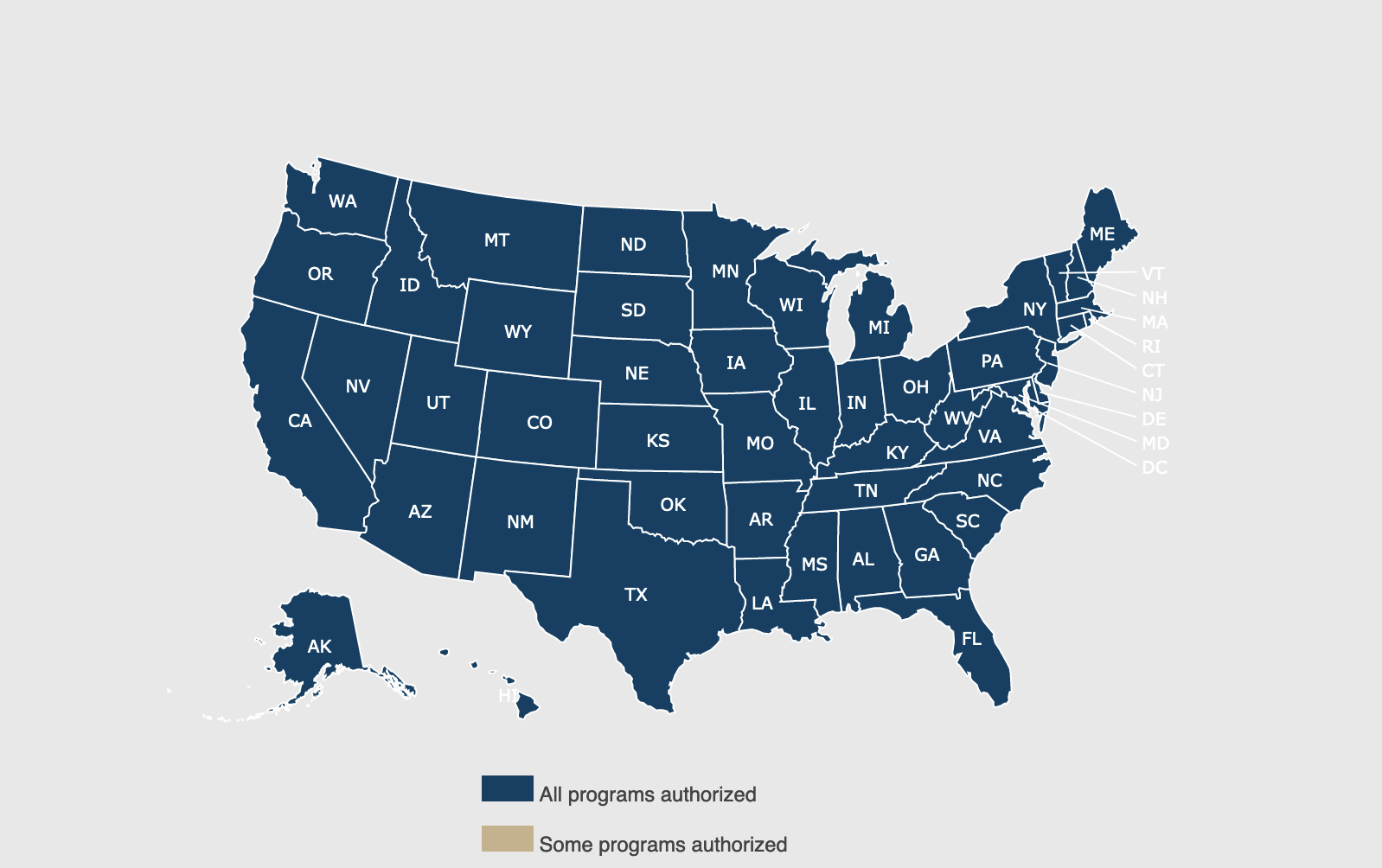 Map of the U.S. color coded to show all programs authorized