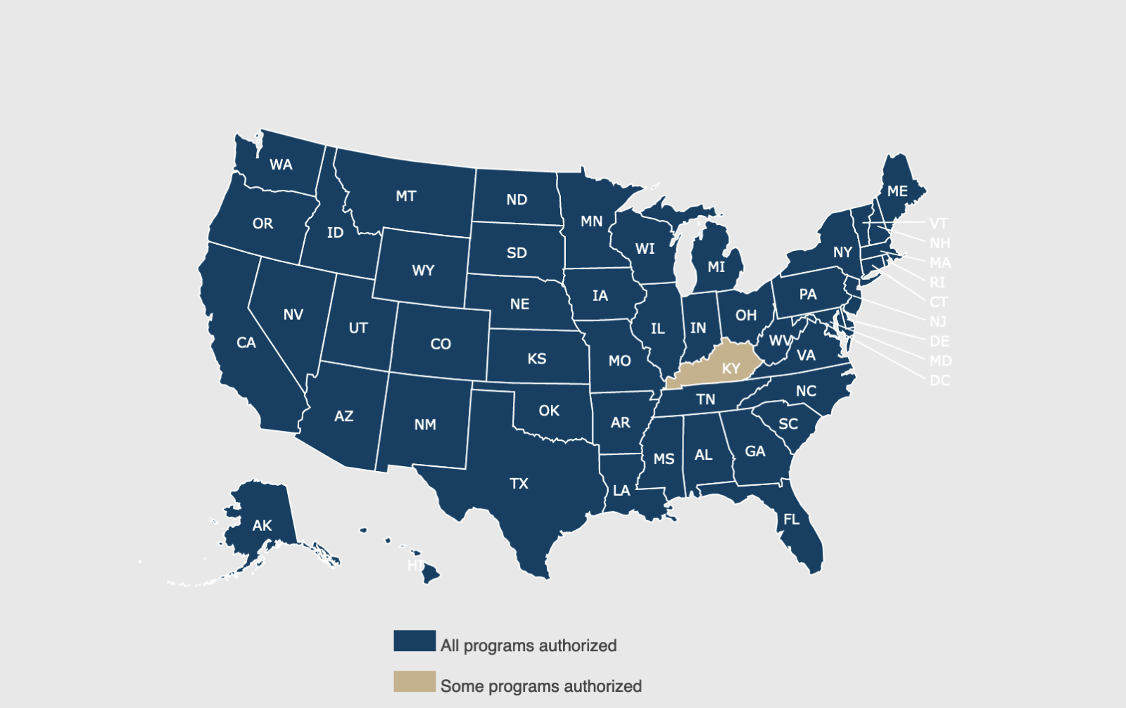 A Map of the U.S. color-coded to show Kentucky with some programs authorized